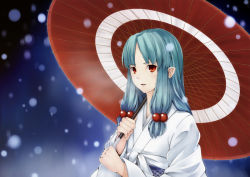 Rule 34 | 1girl, hair ornament, holding, holding umbrella, japanese clothes, kanden, kimono, kiriha (tsugumomo), pointy ears, snow, snowing, solo, tsugumomo, umbrella