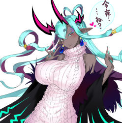Rule 34 | 1girl, aran sweater, bare shoulders, blue hair, blue nails, blush, breasts, cable knit, closed mouth, colored inner hair, dark-skinned female, dark skin, fate/grand order, fate (series), fingernails, hair rings, hands up, horns, huge breasts, ibuki douji (fate), long sleeves, looking at viewer, multicolored hair, nail polish, pink sweater, pointy ears, purple hair, red eyes, simple background, slit pupils, smile, solo, solopipb, sweater, white background