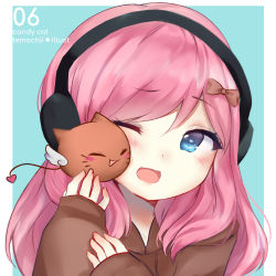 Rule 34 | 1girl, ;d, absurdres, arm up, artist name, blue background, blue eyes, blush, bow, brown hoodie, character name, child, commentary request, creature, hair bow, headphones, highres, hood, hoodie, long hair, long sleeves, one eye closed, open mouth, original, pink hair, portrait, simple background, sleeves past wrists, smile, temachii