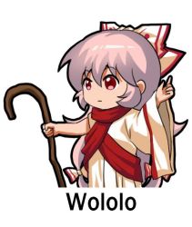 Rule 34 | 1girl, age of empires, bow, chibi, commentary, english text, fujiwara no mokou, hair bow, holding, holding staff, jokanhiyou, long hair, meme, red eyes, simple background, solo, staff, touhou, upper body, white background