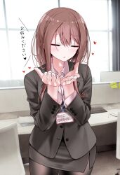 Rule 34 | 1girl, black jacket, black pantyhose, blowing kiss, blush, brown hair, closed eyes, collared shirt, commentary request, cowboy shot, desk, facing viewer, fine fabric emphasis, formal, hair between eyes, hands up, heart, highres, indoors, jacket, keyboard (computer), long hair, long sleeves, miniskirt, office, office lady, ol-chan (oouso), oouso, open mouth, original, own hands together, pantyhose, pencil skirt, photo background, pink shirt, shirt, sidelocks, skirt, skirt suit, solo, sticky note, suit, thighs