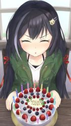 Rule 34 | 1girl, blouse, blush, breast pocket, cake, closed eyes, food, halterneck, happy birthday, highres, hsk pad, karyl (princess connect!), karyl (real) (princess connect!), plate, pocket, princess connect!, shirt, solo, table, white shirt, wooden table