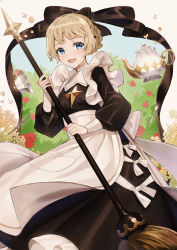Rule 34 | 1girl, :d, absurdres, afk arena, apron, black bow, black dress, blue eyes, bow, braid, broom, commentary request, cup, dress, hair bow, hair rings, highres, holding, holding broom, huge filesize, light brown hair, long sleeves, looking at viewer, maid, open mouth, puffy long sleeves, puffy sleeves, short hair, smile, solo, teacup, teapot, tiny (tini3030), white apron