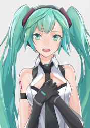 Rule 34 | 1girl, aqua eyes, aqua hair, bad id, bad twitter id, bare shoulders, black gloves, black necktie, breasts, cancell, commentary, elbow gloves, gloves, grey background, hands on own chest, hatsune miku, highres, long hair, looking at viewer, medium breasts, necktie, open mouth, own hands together, shirt, simple background, sleeveless, sleeveless shirt, smile, solo, twintails, upper body, vocaloid, white shirt