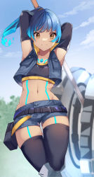 Rule 34 | 1girl, absurdres, blue hair, brown eyes, chest jewel, fiery hair, flat chest, glowing lines, hammer, highres, holding, holding hammer, holding weapon, leggings, risumi (taka-fallcherryblossom), sena (xenoblade), shoulder strap, solo, sports bra, weapon, xenoblade chronicles (series), xenoblade chronicles 3