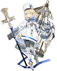 Rule 34 | 1girl, anchor, armor, armored boots, azur lane, black pantyhose, blonde hair, blue bow, blue bowtie, blue ribbon, blush, bob cut, bodystocking, bodysuit, bodysuit under clothes, boots, bow, bowtie, breasts, cannon, capelet, chain, closed mouth, covered navel, dress, eyepatch, flower eyepatch, full body, fur trim, gauntlets, gloves, hair between eyes, hat, highres, holding, holding staff, holding weapon, kepi, knee boots, le terrible (azur lane), long sleeves, looking at viewer, machinery, medium hair, military hat, official art, one eye covered, pantyhose, purple eyes, ribbon, rigging, small breasts, smile, solo, staff, standing, thigh strap, thighband pantyhose, torpedo launcher, torpedo tubes, transparent background, turret, vambraces, weapon, white capelet, white dress, white footwear, white gloves, white hat, xiao chichi