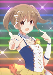 Rule 34 | 1girl, :d, absurdres, bare shoulders, blue shirt, blush, breasts, brown hair, collarbone, dashimeshi, detached collar, dot nose, floating hair, from side, hair between eyes, hair ribbon, hand up, highres, idol, idol clothes, idoly pride, index finger raised, kawasaki sakura (idoly pride), layered skirt, open mouth, orange skirt, outstretched arm, pleated skirt, pointing, pointing at viewer, rainbow background, raised eyebrows, red eyes, ribbon, shirt, short hair, short twintails, skirt, sleeveless, sleeveless shirt, small breasts, smile, solo, sparkle, twintails, two-tone shirt, upper body, white shirt, yellow skirt