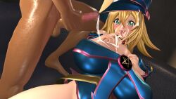 Rule 34 | 1boy, 1girl, 3d, blonde hair, blue headwear, breasts, bukkake, cum, cum on body, cum on breasts, cum on upper body, dark magician girl, duel monster, embarrassed, erection, green eyes, hand on own chest, hetero, highres, huge breasts, licking lips, long hair, magical girl, mikumikudance (medium), nipples, open mouth, shiny skin, simple background, smile, syobons, tongue, tongue out, very long hair, yu-gi-oh!