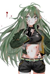 Rule 34 | 1girl, antenna hair, arknights, bad id, bad pixiv id, belt, belt buckle, black shorts, blood, blood on face, breasts, brown eyes, buckle, closed mouth, cowboy shot, crop top, finger to cheek, gavial (arknights), gluteal fold, green hair, green jacket, hand on own hip, jacket, long hair, long sleeves, looking at viewer, material growth, medium breasts, navel, official alternate costume, open clothes, open jacket, oripathy lesion (arknights), pointy ears, ryoma (rym 369), shorts, solo, stomach, very long hair