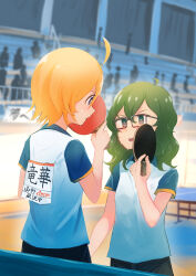 Rule 34 | 2girls, absurdres, ahoge, black shorts, blonde hair, blue eyes, blurry, blurry background, collared shirt, commentary request, crowd, film grain, glasses, green eyes, highres, inami hatoko, medium hair, multiple girls, open mouth, original, paddle, shirt, short sleeves, shorts, sweat, table tennis, table tennis net, table tennis paddle, teeth, translation request, upper teeth only, white shirt