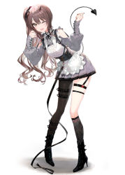 Rule 34 | 1girl, ;d, apron, asymmetrical legwear, black footwear, black ribbon, brown eyes, brown hair, clothing cutout, collared shirt, commentary request, demon tail, fishnet legwear, fishnets, frilled apron, frills, full body, grey shirt, grey skirt, high heels, highres, leaning forward, long hair, long sleeves, looking at viewer, neck ribbon, one eye closed, open mouth, original, pleated skirt, ribbon, shadow, shirt, shoes, shoulder cutout, side ponytail, simple background, skirt, smile, solo, standing, tail, thigh strap, white apron, white background, yadapot