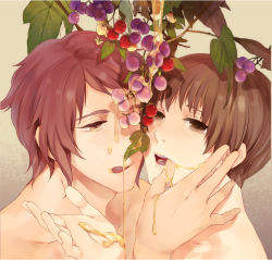 Rule 34 | 2boys, :d, :q, alternate hair color, axis powers hetalia, bad id, bad pixiv id, brown eyes, brown hair, food, fruit, georges meunier, grapes, greece (hetalia), hand on another&#039;s face, honey, japan (hetalia), male focus, multiple boys, open mouth, portrait, rasberries, smile, tongue, tongue out, yaoi, yellow eyes