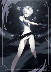 Rule 34 | androgynous, antarcticite, black gloves, black necktie, character name, collared shirt, dated, gender request, gloves, grey eyes, hair between eyes, highres, holding, holding sword, holding weapon, houseki no kuni, nallck 6v6 (nothy-nn), necktie, shirt, short hair, shorts, signature, solo, sparkle, sword, uniform, weapon, white hair, white shirt, white shorts