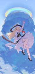 Rule 34 | 1girl, :d, absurdres, ame (2453323719), arm up, back bow, black footwear, black hat, black skirt, black vest, blonde hair, bloomers, bow, braid, broom, broom riding, buttons, chinese commentary, cloud, commentary, day, full body, hair between eyes, hair bow, hat, hat bow, highres, kirisame marisa, long hair, looking at viewer, mary janes, open mouth, photo-referenced, pileus cloud, puffy short sleeves, puffy sleeves, rainbow gradient, red bow, shirt, shoes, short sleeves, single braid, skirt, skirt set, sky, smile, socks, solo, teeth, touhou, underwear, upper teeth only, vest, waving, white bloomers, white bow, white shirt, white socks, witch hat, yellow eyes