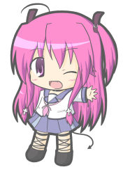 Rule 34 | 10s, 1girl, ahoge, angel beats!, ankle lace-up, chibi, cross, cross-laced footwear, demon tail, fang, female focus, full body, long hair, one eye closed, open mouth, pink eyes, pink hair, ri-net, school uniform, serafuku, short twintails, simple background, solo, tail, thigh strap, twintails, two side up, very long hair, white background, wink, yui (angel beats!)