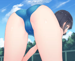 Rule 34 | 1girl, :o, ass, ass focus, bent over, black hair, blue eyes, blue one-piece swimsuit, blunt bangs, cameltoe, chain-link fence, cleft of venus, competition swimsuit, crotch seam, day, fence, foreshortening, from behind, hand on own thigh, looking away, makigai, one-piece swimsuit, original, outdoors, profile, solo, swimsuit