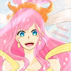 Rule 34 | 1girl, blue eyes, blush stickers, close-up, commentary request, detective 0414, earrings, fish hair ornament, hagoromo, hair ornament, half updo, happy birthday, highres, jewelry, long hair, looking at viewer, one piece, pink hair, shawl, shirahoshi, sidelocks, smile, solo