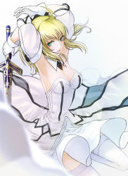 Rule 34 | 1girl, armpits, artoria pendragon (fate), blonde hair, detached sleeves, dress, fate/stay night, fate/unlimited codes, fate (series), gloves, green eyes, kanameyura, saber (fate), saber lily, skirt, solo, sword, weapon