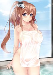 Rule 34 | 10s, 1girl, absurdres, arm support, bad id, bad pixiv id, bathing, blue eyes, breasts, brown hair, covering privates, hair between eyes, hand on own chest, highres, kantai collection, large breasts, long hair, looking at viewer, naked towel, nude cover, partially submerged, ponytail, saratoga (kancolle), see-through, side ponytail, sideboob, sitting, smile, soaking feet, solo, steam, thighs, tomo (tomojo 8), towel, wading, water, wet, wet towel, white towel