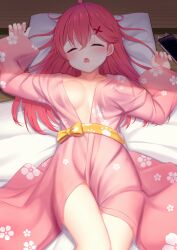 Rule 34 | 1girl, ahoge, blush, breasts, cellphone, cleavage, closed eyes, floral print, futon, hair between eyes, hair ornament, hairclip, highres, hololive, japanese clothes, kimono, long hair, looking at viewer, medium breasts, open mouth, phone, pillow, pink hair, pink kimono, sakura miko, sleeping, smartphone, solo, tatami, virtual youtuber, white clover (unfy8472), wide sleeves, x hair ornament, yukata