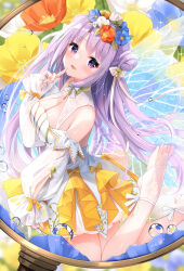 Rule 34 | 1girl, bare shoulders, breasts, bridal legwear, character request, cleavage cutout, clothing cutout, detached sleeves, fairy, fairy wings, finger to mouth, flower, flower wreath, foot out of frame, glass, hair bun, head tilt, highres, jewelry, kagachi saku, key, key necklace, large breasts, leg up, legs, looking at viewer, m/, magnifying glass, necklace, no shoes, open mouth, pinching sleeves, puffy sleeves, purple eyes, purple hair, solo, toeless legwear, toes, transparent wings, water drop, wings