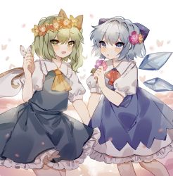 Rule 34 | 2girls, ascot, blue dress, blue hair, blush, bow, bowtie, bug, butterfly, cirno, cropped legs, daiyousei, dress, fairy wings, flower, green eyes, green hair, hair bow, hair flower, hair ornament, highres, holding, ice, ice wings, insect, looking at viewer, multiple girls, open mouth, ponytail, puffy short sleeves, puffy sleeves, red bow, red bowtie, ribbon trim, short hair, short sleeves, sorani (kaeru0768), touhou, white background, wings, yellow ascot