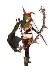 Rule 34 | 1girl, apple on head, arrow (projectile), ass, belt, belt bag, black eyes, black gloves, black leotard, black thighhighs, bow (weapon), brown dust 2, capelet, cloak, eyebrows hidden by hair, fingerless gloves, from behind, full body, gloves, green cloak, green footwear, hair between eyes, hat feather, high heels, holding, holding bow (weapon), holding weapon, hood, hooded cloak, huge ass, leotard, looking at viewer, looking back, mole, mole on ass, official art, orange hair, quiver, second-party source, short hair, simple background, solo, thighhighs, weapon, white capelet, zenith (brown dust)