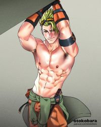 Rule 34 | 1boy, abs, achilles (fate), armpit hair, armpits, artist name, bara, black gloves, closed mouth, clothes around waist, fate/apocrypha, fate/grand order, fate (series), gloves, goggles, goggles on head, green hair, green jacket, highres, jacket, jacket around waist, large pectorals, male focus, muscular, muscular male, navel, nipples, orange pants, otokobara, pants, patreon username, pectorals, short hair, smile, solo, topless male