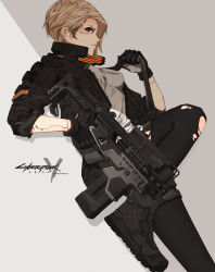 Rule 34 | 1girl, black footwear, black jacket, black legwear, blonde hair, breasts, brown eyes, chinese commentary, chinese robot kid, commentary request, cyberpunk, cyberpunk (series), cyberpunk 2077, cyborg, frown, gun, highres, holding, holding gun, holding weapon, jacket, looking at viewer, medium breasts, solo, torn clothes, torn legwear, v (cyberpunk), weapon