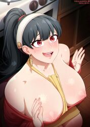Rule 34 | 1girl, apron, artist name, black hair, breasts, earrings, eyebrows, hairband, highres, huge breasts, indoors, jewelry, kitchen, kneeling, large breasts, long sleeves, naked apron, neocoill, patreon username, red eyes, spy x family, sweat, sweater, yor briar
