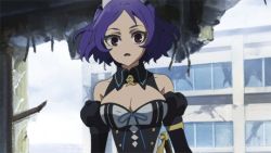 Rule 34 | 10s, 1girl, animated, animated gif, blue hair, bouncing breasts, breasts, chess belle, cleavage, fang, female focus, large breasts, owari no seraph, red eyes, solo