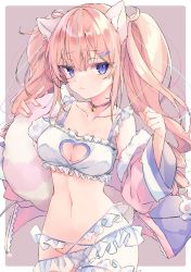 Rule 34 | 1girl, absurdres, animal ears, bell, blonde hair, blue eyes, bra, breasts, choker, cleavage, closed mouth, clothing cutout, collarbone, commission, cowboy shot, crotch, fingernails, frilled bra, frilled panties, frills, hair between eyes, hair ornament, hairclip, heart cutout, highres, indie virtual youtuber, large breasts, muzin chan, nail polish, navel, neck bell, painttool sai (medium), panties, peach2d, pink nails, skeb commission, solo, twintails, underwear, virtual youtuber, white bra, white panties