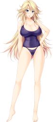 Rule 34 | 1girl, amakimihara monika, atelier kaguya, bare legs, barefoot, blonde hair, blue eyes, blue one-piece swimsuit, blush, breasts, choco chip, collarbone, covered erect nipples, ero zemi, full body, game cg, gluteal fold, hand on own hip, highres, large breasts, long hair, looking at viewer, one-piece swimsuit, solo, swimsuit, tachi-e, transparent background