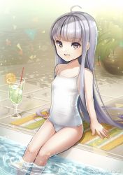 Rule 34 | 1girl, absurdres, ahoge, brown eyes, character request, competition school swimsuit, copyright request, drink, highres, long hair, looking at viewer, nyasunyadoora, one-piece swimsuit, open mouth, poolside, school swimsuit, silver hair, soaking feet, solo, swimsuit, twitter username, white school swimsuit, white one-piece swimsuit