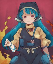 Rule 34 | 1girl, apron, arm ribbon, blue hair, closed mouth, commentary request, dress, flower, green apron, green headwear, green hood, haniyasushin keiki, head scarf, jewelry, light blue hair, long hair, magatama, magatama necklace, necklace, red eyes, ribbon, s hirono28, single strap, smile, tools, touhou, upper body, yellow dress, yellow sleeves