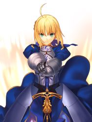 Rule 34 | 1girl, ahoge, armor, armored dress, artoria pendragon (fate), berrykanry, blonde hair, blue dress, blue ribbon, braid, dress, excalibur (fate/stay night), fate/stay night, fate (series), faulds, gauntlets, green eyes, hair between eyes, hair ribbon, hands on hilt, highres, looking at viewer, ribbon, saber (fate), short hair, solo, standing