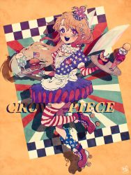 Rule 34 | 1girl, adapted costume, alternate costume, american flag, american flag legwear, apron, blonde hair, blue eyes, burger, character name, clownpiece, crescent, crescent hair ornament, food, garter straps, hair between eyes, hair ornament, hat, heterochromia, highres, ice cream, long hair, mini hat, neck ruff, open mouth, puffy short sleeves, puffy sleeves, red eyes, roller skates, short sleeves, skates, socks, sokura (mochichitose), solo, teeth, thighhighs, touhou, tray, upper teeth only, waitress, yellow background
