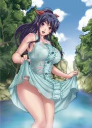 Rule 34 | 1girl, blue hair, bra, breasts, clothes lift, dress, dress lift, hair ribbon, highres, kill time communication, large breasts, lingerie, long hair, open mouth, panties, ponytail, purple eyes, ribbon, rokko, see-through, skirt, skirt lift, smile, solo, underwear, upskirt, wet, wet clothes
