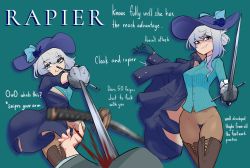 Rule 34 | 1girl, blood, blue background, blue eyes, blue flower, blue gloves, blue headwear, blue rose, blue shirt, boots, centurii-chan (artist), cloak, closed mouth, collared shirt, commentary, english commentary, english text, flower, gloves, grin, hat, hat flower, highres, humanization, jacket, katana, long sleeves, open mouth, original, pantyhose, pov, pov hands, profanity, rapier, rapier-chan (centurii), rose, shirt, short hair, sidelocks, simple background, smile, solo focus, sword, thigh boots, weapon, white hair, wide brim