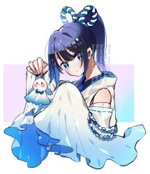 Rule 34 | 1girl, bare shoulders, black hair, blue background, blue eyes, blue hair, blush, closed mouth, commentary request, commission, copyright request, detached sleeves, gradient background, highres, holding, japanese clothes, kimono, long hair, long sleeves, looking at viewer, pink background, ponytail, ribbon-trimmed sleeves, ribbon trim, skeb commission, sleeveless, sleeveless kimono, sleeves past fingers, sleeves past wrists, smile, solo, sugomori tsuru (artist), teruterubouzu, twitter username, virtual youtuber, watermark, white background, white kimono, white sleeves, wide sleeves