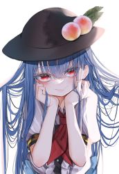 Rule 34 | 1girl, absurdres, black hat, blue hair, blush, buttons, closed mouth, collared shirt, food, food-themed hat ornament, fruit, fruit hat ornament, hair between eyes, hat, hat ornament, highres, hinanawi tenshi, long hair, looking at viewer, peach, peach hat ornament, puffy short sleeves, puffy sleeves, red eyes, shirt, short sleeves, simple background, smile, solo, touhou, tsune (tune), upper body, white background, white shirt
