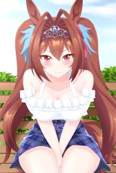 Rule 34 | 1girl, absurdres, animal ears, antenna hair, arms between legs, bare shoulders, bench, blue skirt, breasts, brown hair, casual, cleavage, closed mouth, cloud, collarbone, commentary, daiwa scarlet (umamusume), dot nose, frills, frown, gurukorian, hair ornament, hair ribbon, highres, horse ears, horse girl, horse tail, large breasts, leaning forward, long hair, looking at viewer, off-shoulder shirt, off shoulder, outdoors, pleated skirt, red eyes, ribbon, shirt, sitting, skirt, sky, solo, split mouth, tail, thighs, tiara, twintails, umamusume, v-shaped eyebrows