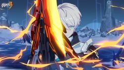Rule 34 | 1boy, blue eyes, chinese commentary, closed mouth, glowing, glowing eyes, hair between eyes, highres, holding, holding sword, holding weapon, honkai (series), honkai impact 3rd, jacket, kevin kaslana, logo, looking at viewer, male focus, official art, official wallpaper, serious, short hair, snow, solo, sparks, sword, upper body, weapon, white hair