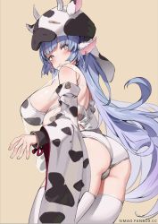 Rule 34 | 1girl, animal ears, animal print, ass, beige background, blonde hair, blue hair, blush, breasts, catura (granblue fantasy), cow ears, cow print, detached sleeves, earrings, granblue fantasy, jewelry, long hair, looking at viewer, simao (x x36131422), simple background, solo, thighhighs, white thighhighs, yellow background