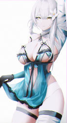 Rule 34 | 1girl, absurdres, arm up, bandages, bandaged arm, bandages, black ribbon, braid, breasts, closed mouth, clothes lift, criss-cross halter, elbow gloves, flower, gloves, hair flower, hair ornament, halterneck, highres, kaine (nier), large breasts, lifted by self, lingerie, looking at viewer, negligee, nier (series), nier reincarnation, panties, ribbon, silver hair, simple background, solo, standing, thigh strap, underwear, white background, white panties