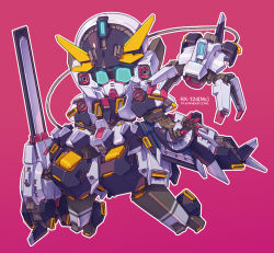 Rule 34 | advance of zeta, blue eyes, cable, chibi, gun, gundam, holding, holding gun, holding weapon, mecha, no humans, open hand, pink background, redesign, robot, science fiction, solo, susagane, tr-6 woundwort, v-fin, weapon