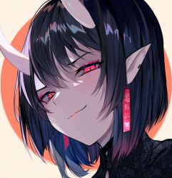 Rule 34 | 1girl, black hair, earrings, eyeliner, fang, fang out, horns, jewelry, looking at viewer, makeup, oni, oni horns, oni kanzei, original, pointy ears, portrait, red eyes, short hair, smile, solo