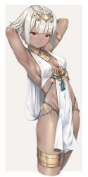 Rule 34 | 1girl, armlet, armpits, arms behind head, arms up, blush, breasts, choker, closed mouth, covered navel, dark-skinned female, dark skin, eyeshadow, fangxiang cuoluan, gem, grey background, groin, headpiece, hip bones, jewelry, looking at viewer, makeup, medium breasts, necklace, original, pelvic curtain, red eyes, revealing clothes, short hair, sideboob, silver hair, simple background, skindentation, solo, thighlet