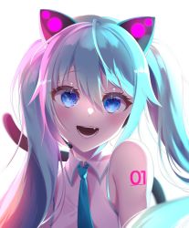 Rule 34 | 1girl, animal ear headphones, aoitsuki, bare shoulders, blue eyes, blue hair, blue necktie, cat ear headphones, cat tail, eyelashes, fake animal ears, fang, female focus, hatsune miku, headphones, highres, light blue hair, looking at viewer, necktie, open mouth, shirt, simple background, smile, solo, tail, tattoo, twintails, vocaloid, white background, white shirt