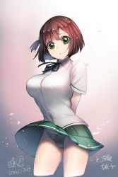 Rule 34 | 10s, 1girl, 2016, arms behind back, black ribbon, blouse, bob cut, breasts, bursting breasts, buttons, character name, clothes lift, collared shirt, cropped legs, dated, dress shirt, eyebrows, gradient background, green eyes, green panties, green skirt, ichinose touko, large breasts, light particles, looking at viewer, miniskirt, neck ribbon, one side up, panties, petals, pleated skirt, pout, ribbon, shade, shiny skin, shirt, short hair, short sleeves, signature, skirt, skirt lift, solo, soul (tamashii), string panties, taboo tattoo, underwear, upskirt, wardrobe malfunction, white shirt, wind, wind lift